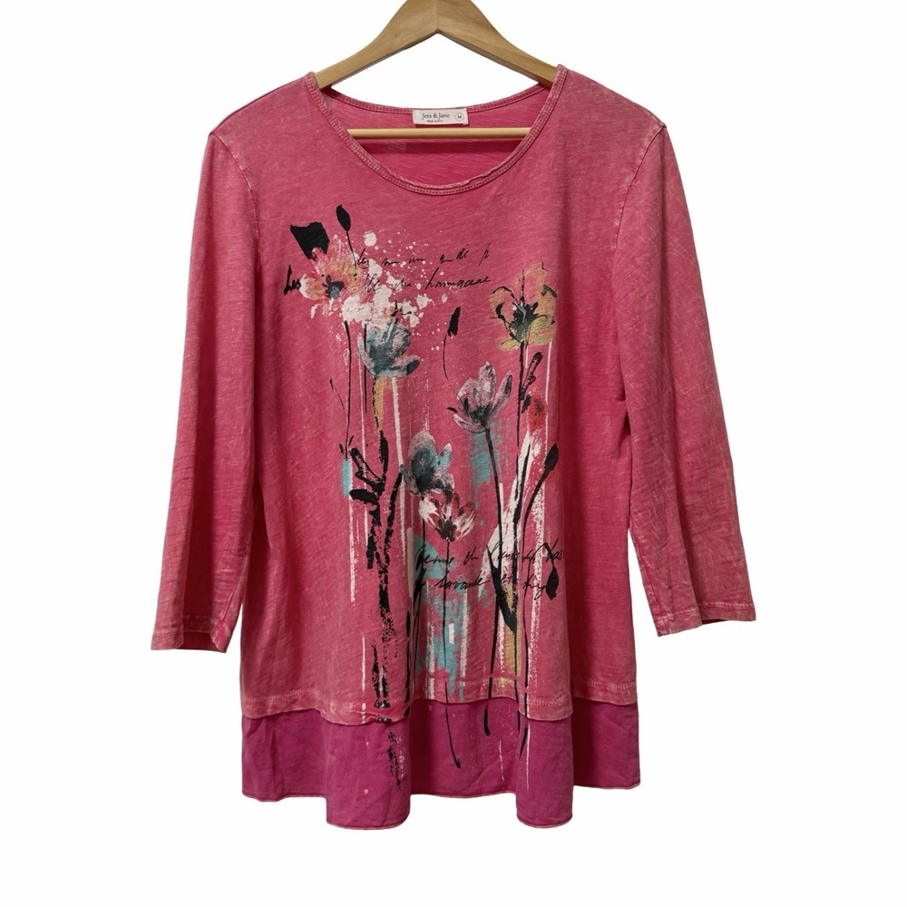 Jess & Jane Mineral Washed Floral 3/4 Sleeve Top Size M Pink Artsy Lagenlook